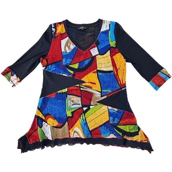 Lior Paris Size Large Tunic 3/4 Mesh Sleeve Asymmetric Patchwork Artsy Top - Picture 2 of 16
